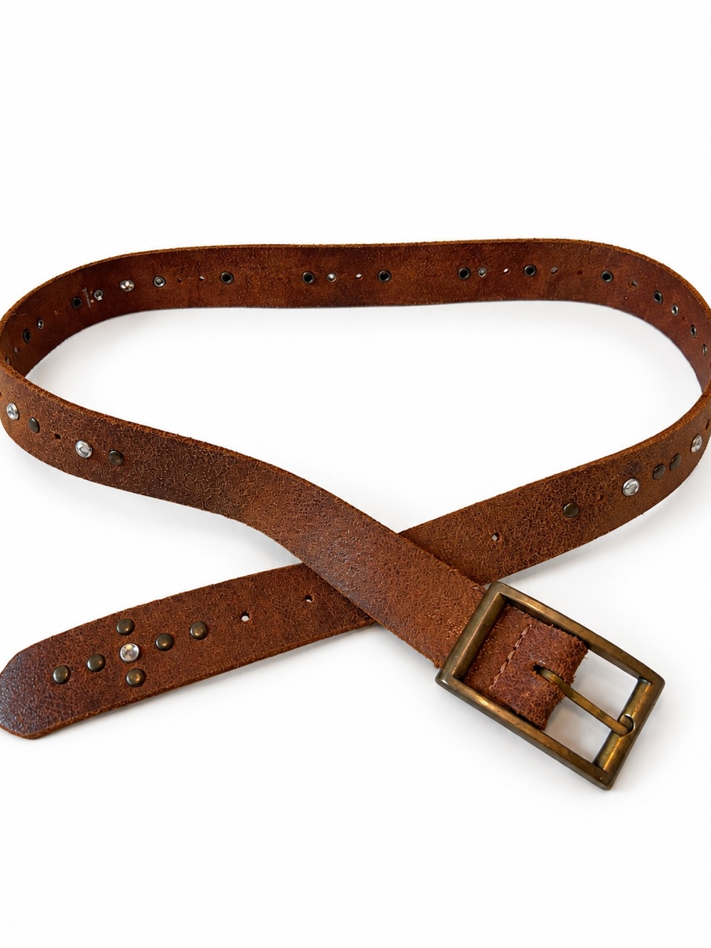 Mexx Brown Leather Studded Belt with Antiqued Brass Buckle